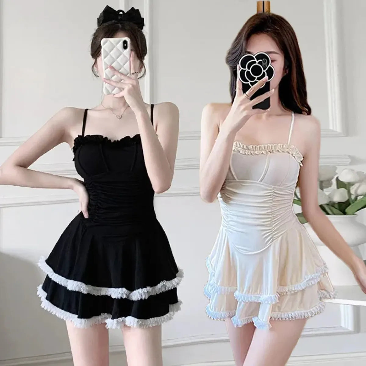 Traje de baño de una pieza con volantes – Traje de baño estilo mini vestido dulce coreano