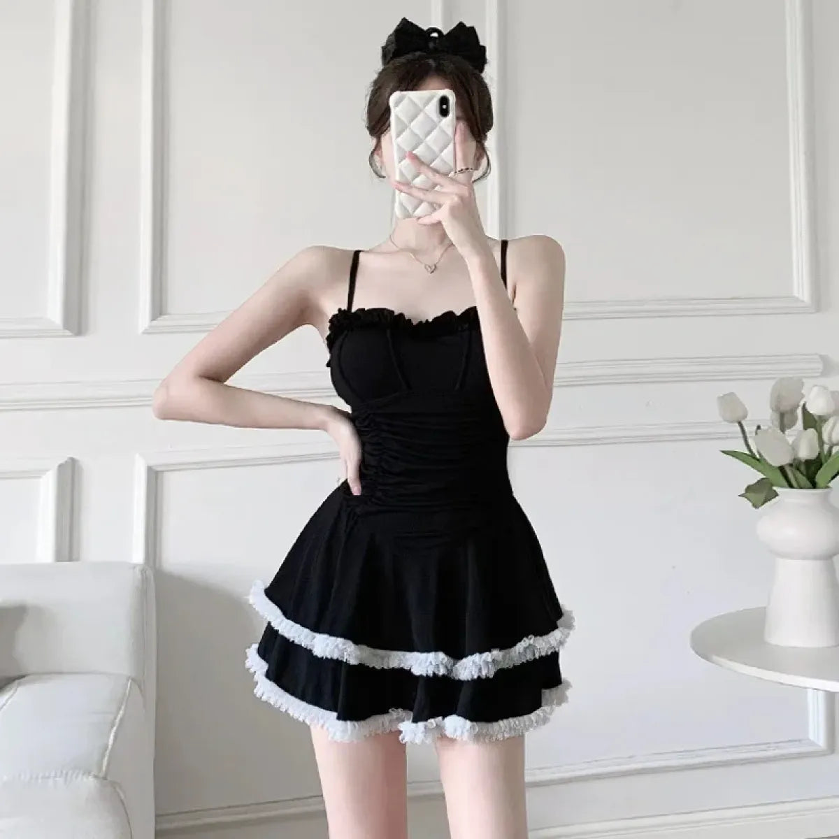 Traje de baño de una pieza con volantes – Traje de baño estilo mini vestido dulce coreano