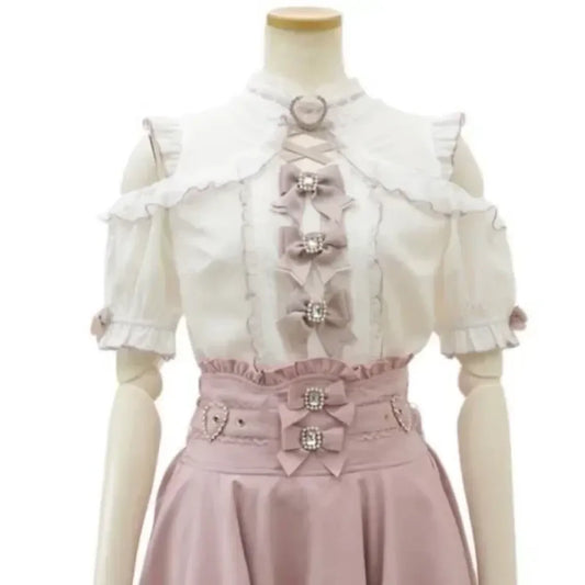 Blusa Kawaii con encaje y retazos – Camisa JK con lazo y hombros descubiertos estilo Y2K