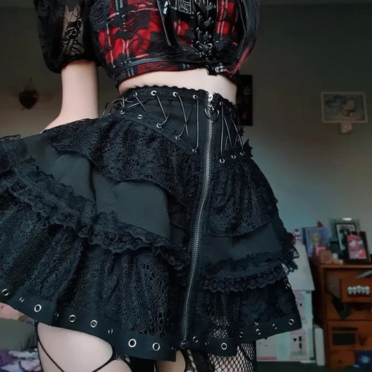 Falda Corsé Gótica con Cordones – Mini Falda Kawaii Harajuku Punk con Volantes