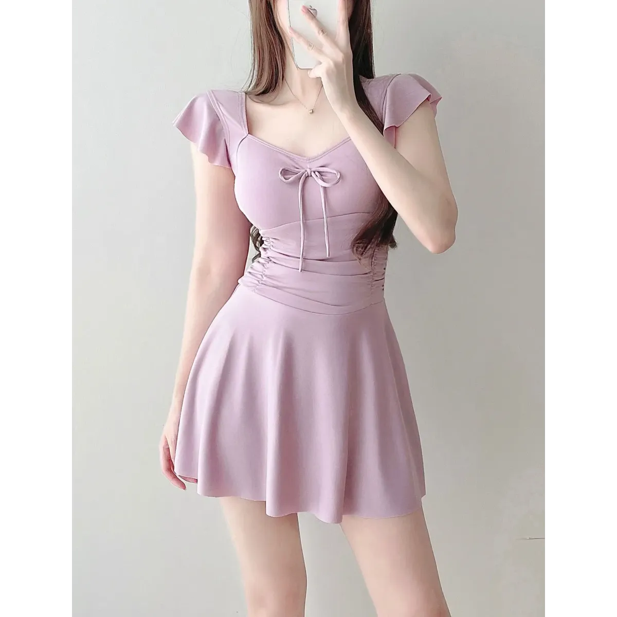 Traje de baño de una pieza con mangas con volantes malva – Estilo de minivestido con detalle de lazo