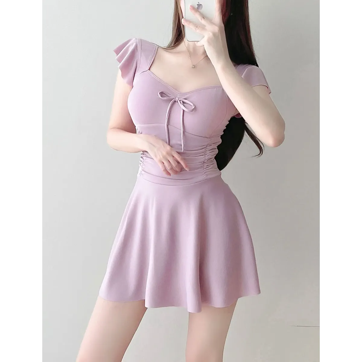 Traje de baño de una pieza con mangas con volantes malva – Estilo de minivestido con detalle de lazo