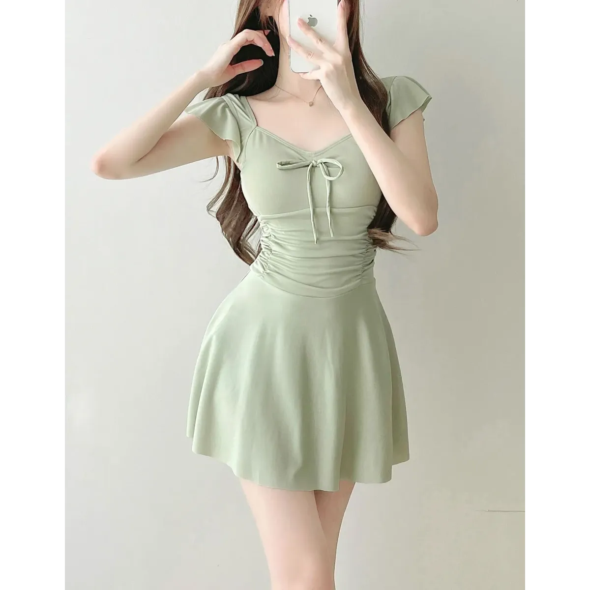 Traje de baño de una pieza con mangas con volantes malva – Estilo de minivestido con detalle de lazo