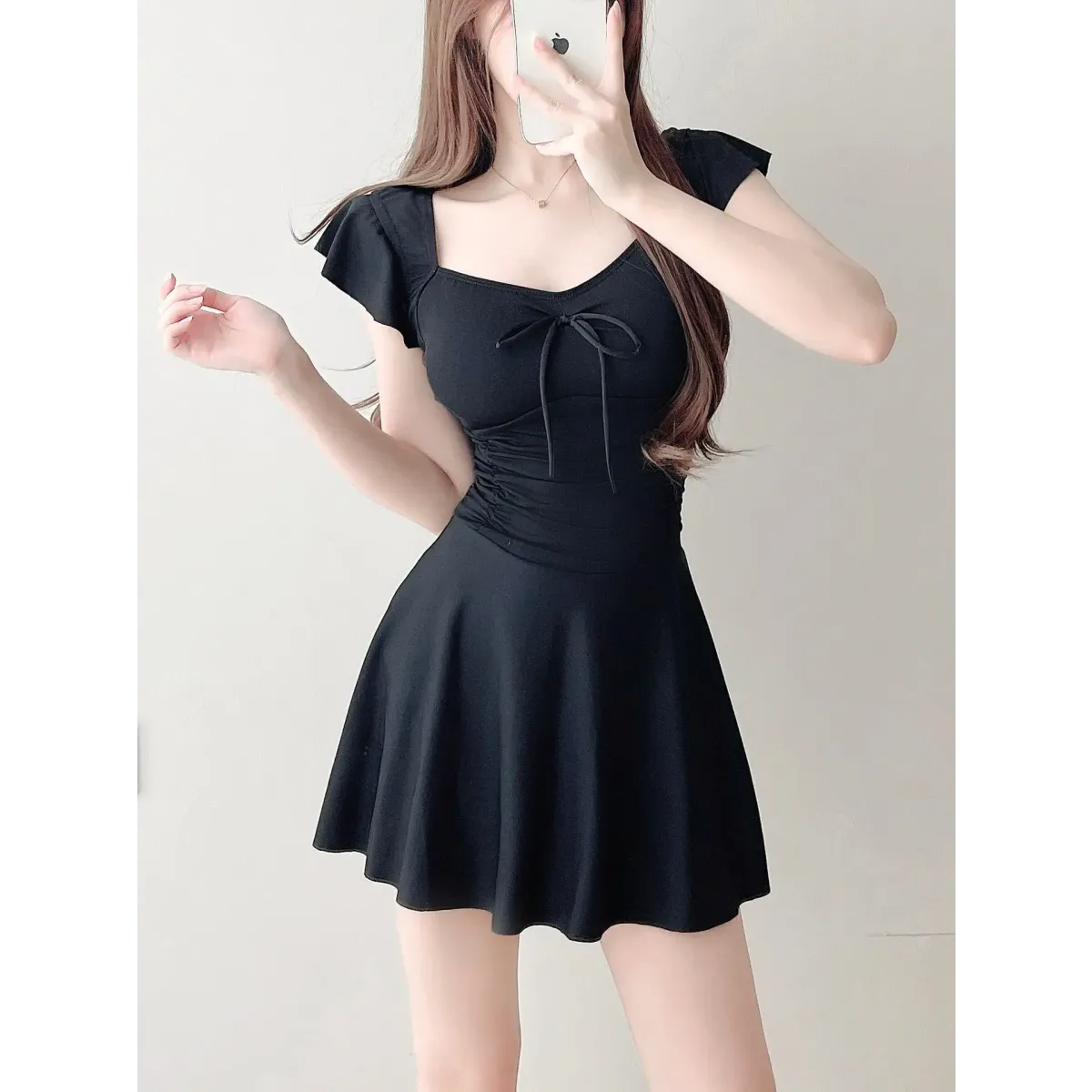 Traje de baño de una pieza con mangas con volantes malva – Estilo de minivestido con detalle de lazo
