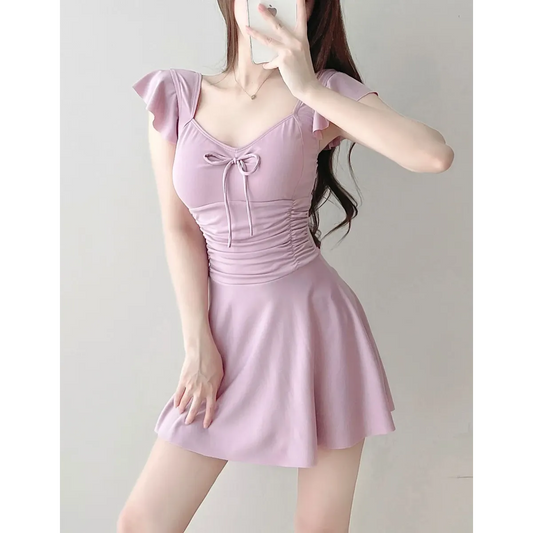 Traje de baño de una pieza con mangas con volantes malva – Estilo de minivestido con detalle de lazo