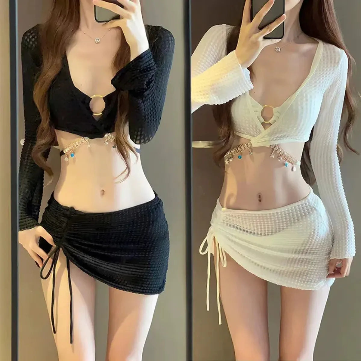 Conjunto de bikini de 4 piezas sirena – Falda con cordón y adorno de cadena con diamantes