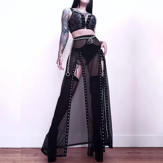 Falda gótica de malla con abertura lateral - Falda larga de talle alto con cordones estilo punk