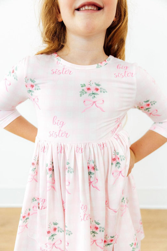 Big Sister Floral 3/4 Sleeve Pocket Twirl Dress