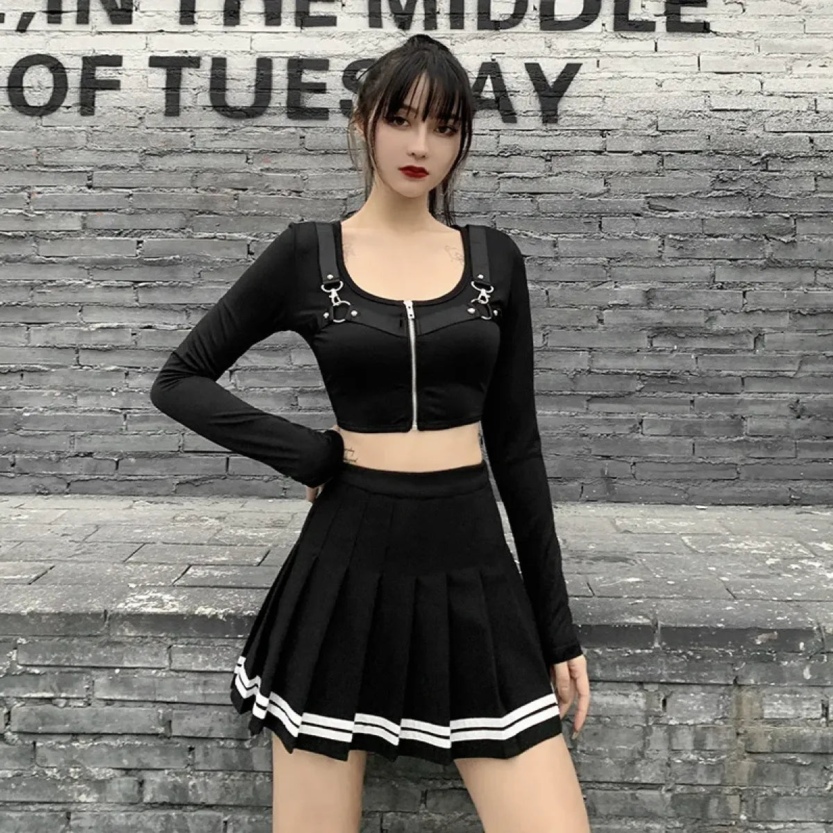 Minifalda plisada gótica Harajuku – Estilo patchwork punk de cintura alta