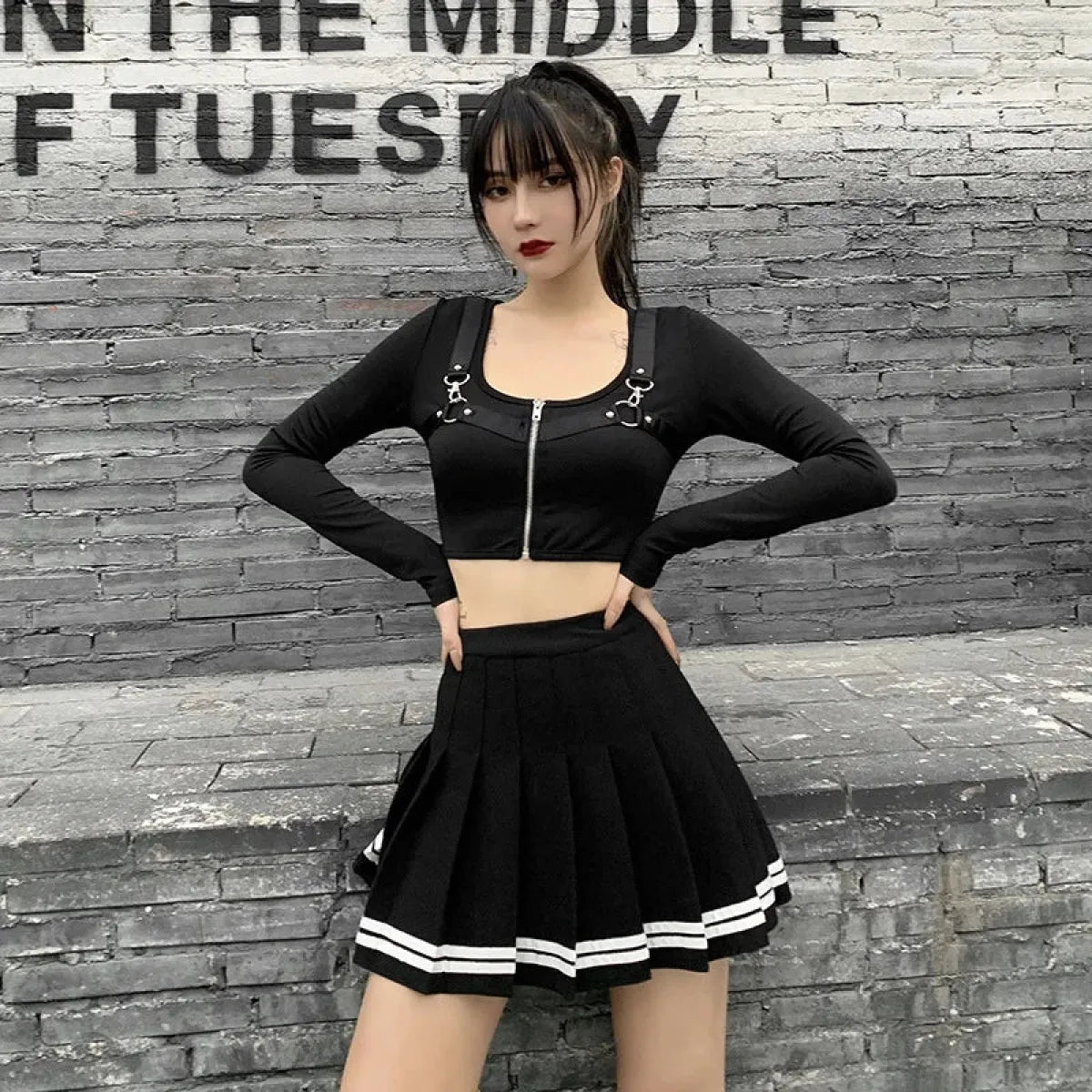 Minifalda plisada gótica Harajuku – Estilo patchwork punk de cintura alta