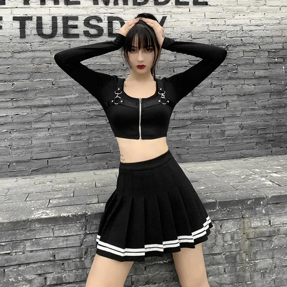 Minifalda plisada gótica Harajuku – Estilo patchwork punk de cintura alta