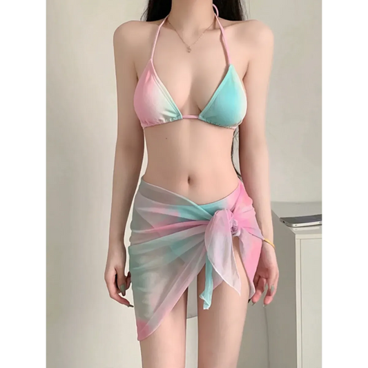 Conjunto de bikini halter degradado pastel – Traje de baño coreano de 3 piezas con falda de malla