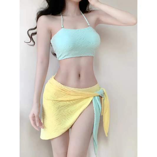 Bikini Halter de Retazos – Traje de Baño Coreano de 3 Piezas con Falda