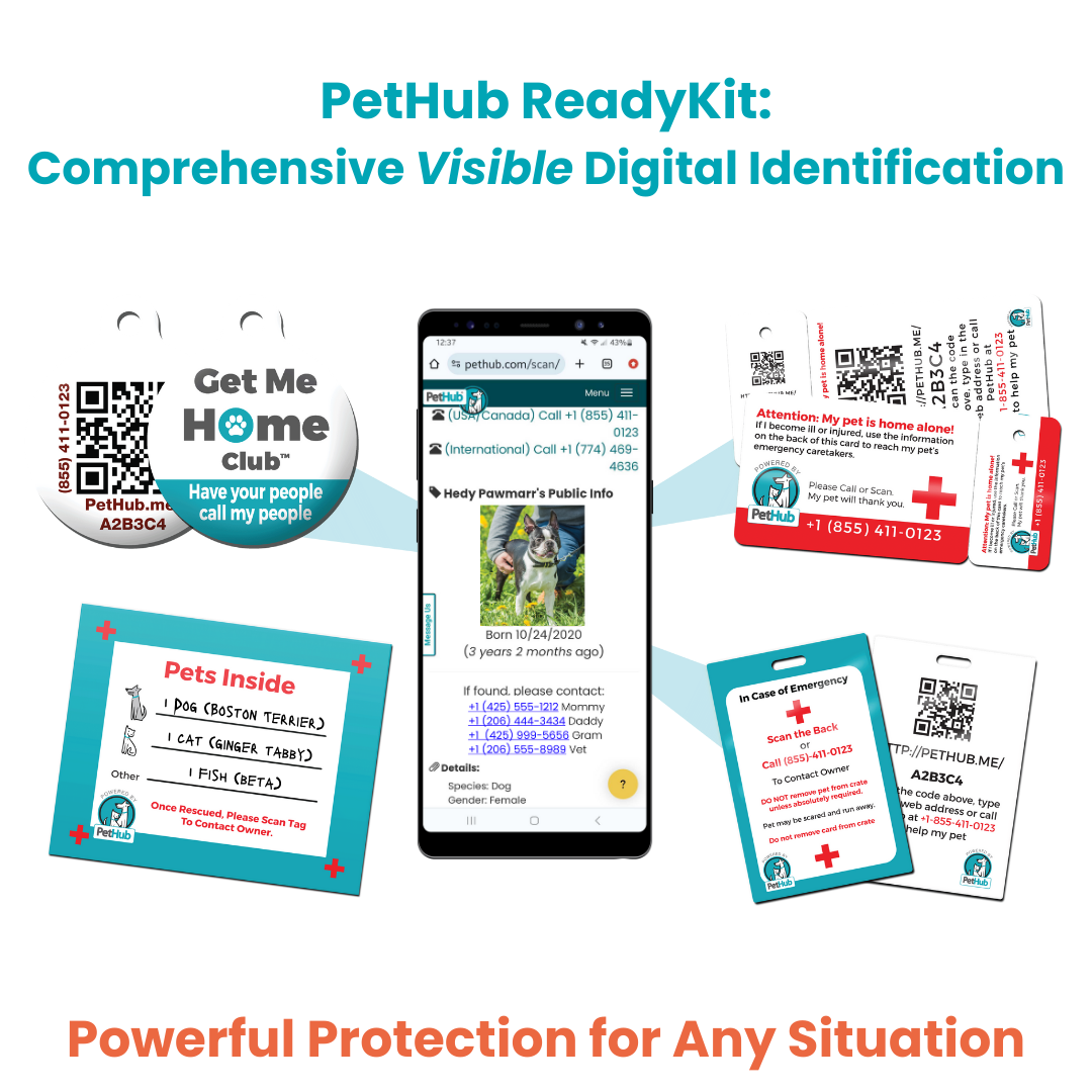 Kit completo de identificación de mascotas QR de PetHub: kit de emergencia completo