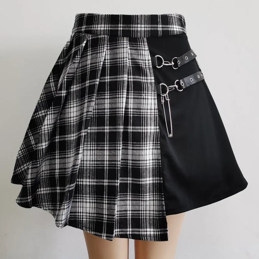 Minifalda plisada gótica de cuadros escoceses – Cadenas y hebillas estilo punk