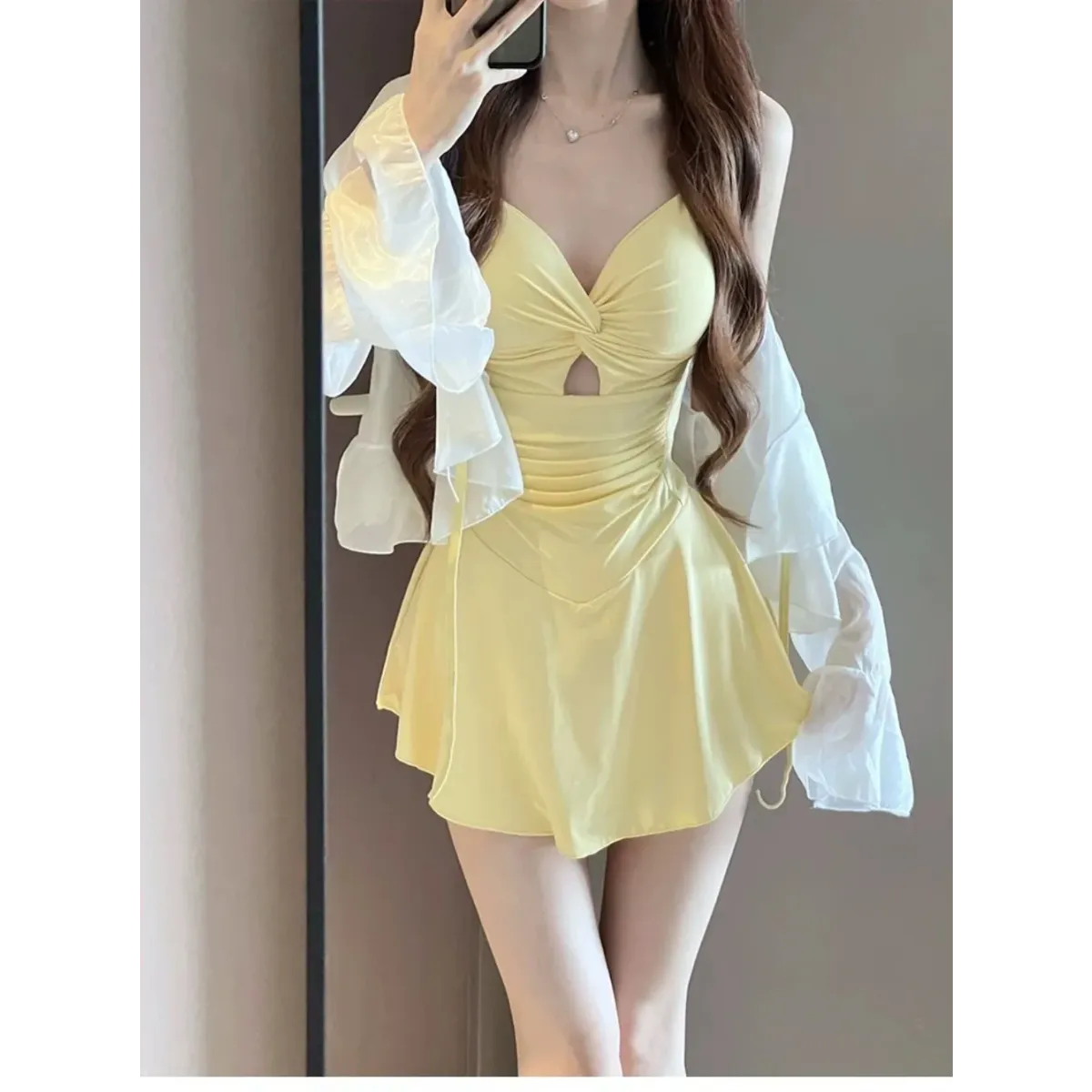 Conjunto de traje de baño fruncido con nudo – Mini vestido coreano con cubierta transparente