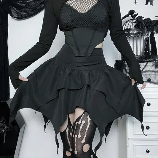 Falda gótica punk con volantes – Minifalda con dobladillo irregular y cordón ajustable