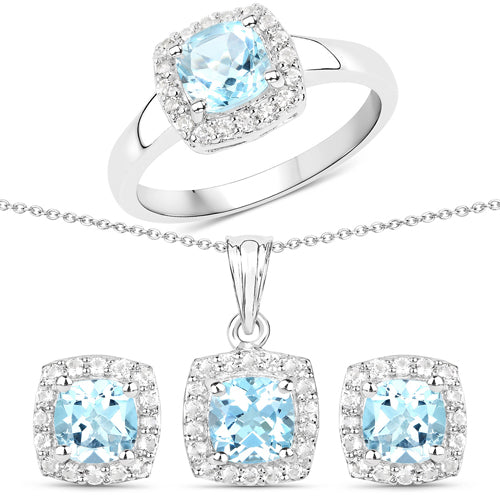 Conjunto de joyas de 3 piezas de plata de ley .925 con topacio azul auténtico y topacio blanco de 4.62 quilates (anillo, pendientes y colgante con cadena)
