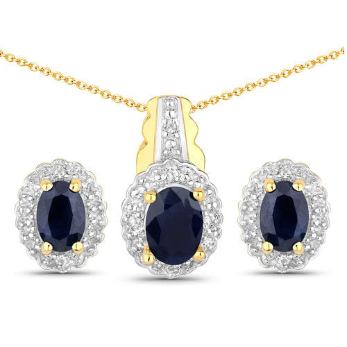 Conjunto de joyas de plata de ley .925 con zafiro negro-azul y topacio blanco auténticos de 1,96 quilates