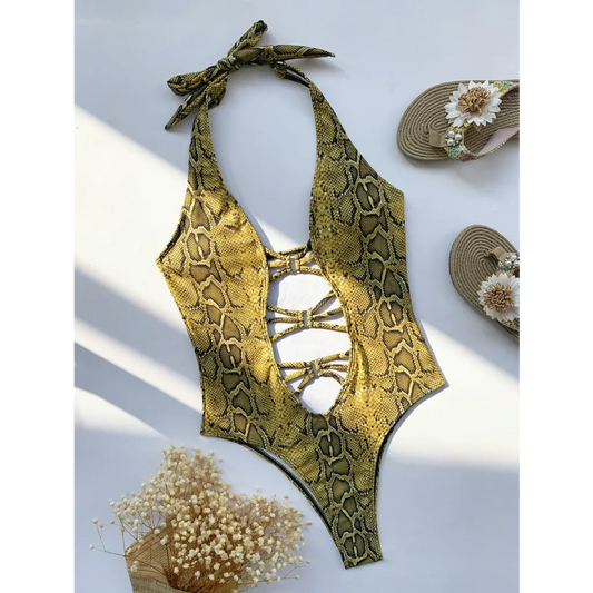 Traje de Baño de una Pieza con Aberturas Estampado de Serpiente – Diseño de Tanga con Escote en V Profundo