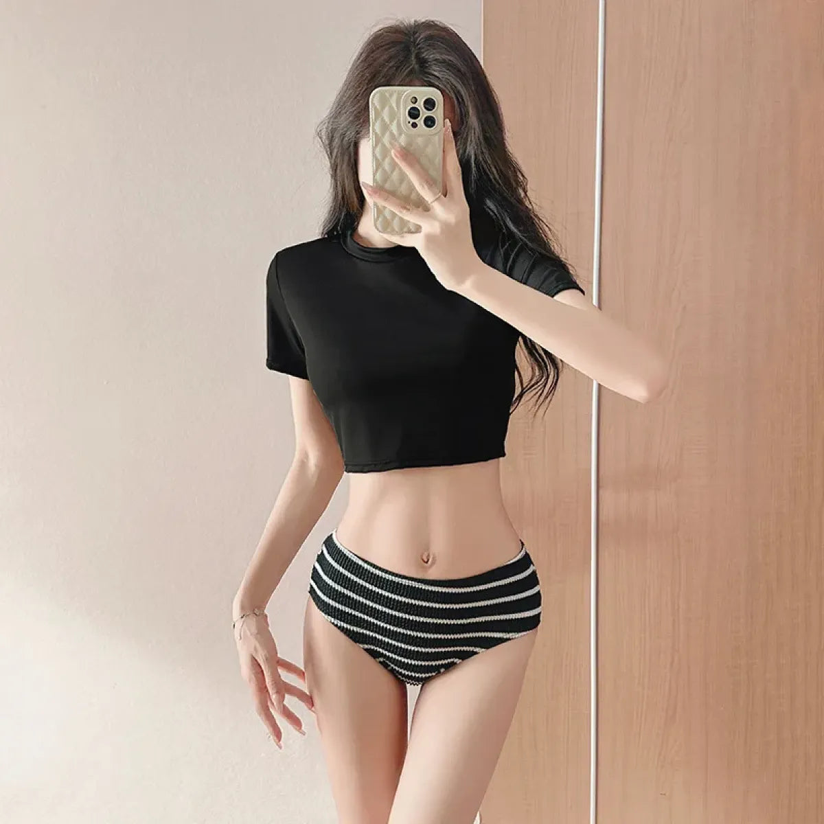 Conjunto de Bikini de 3 piezas acanalado a rayas – Top corto con braguita de talle alto