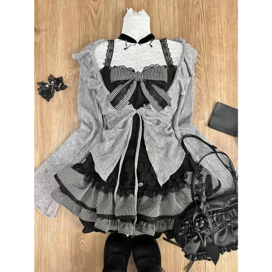 Conjunto Sweet Lolita de 3 piezas: Cárdigan con cordones, top sin tirantes, falda