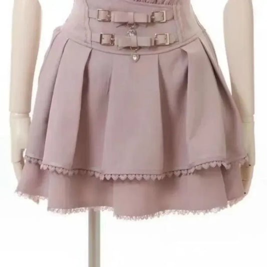 Falda Harajuku Rosa Dulce con Lazo – Fruncida de Cintura Estrecha de Polipiel