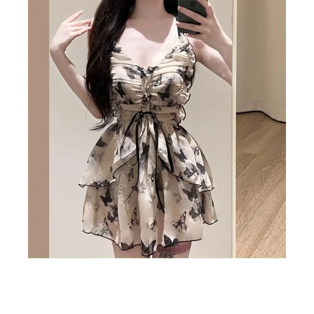 Traje de baño de una pieza con estampado de mariposas – Estilo vestido mini con volantes vintage