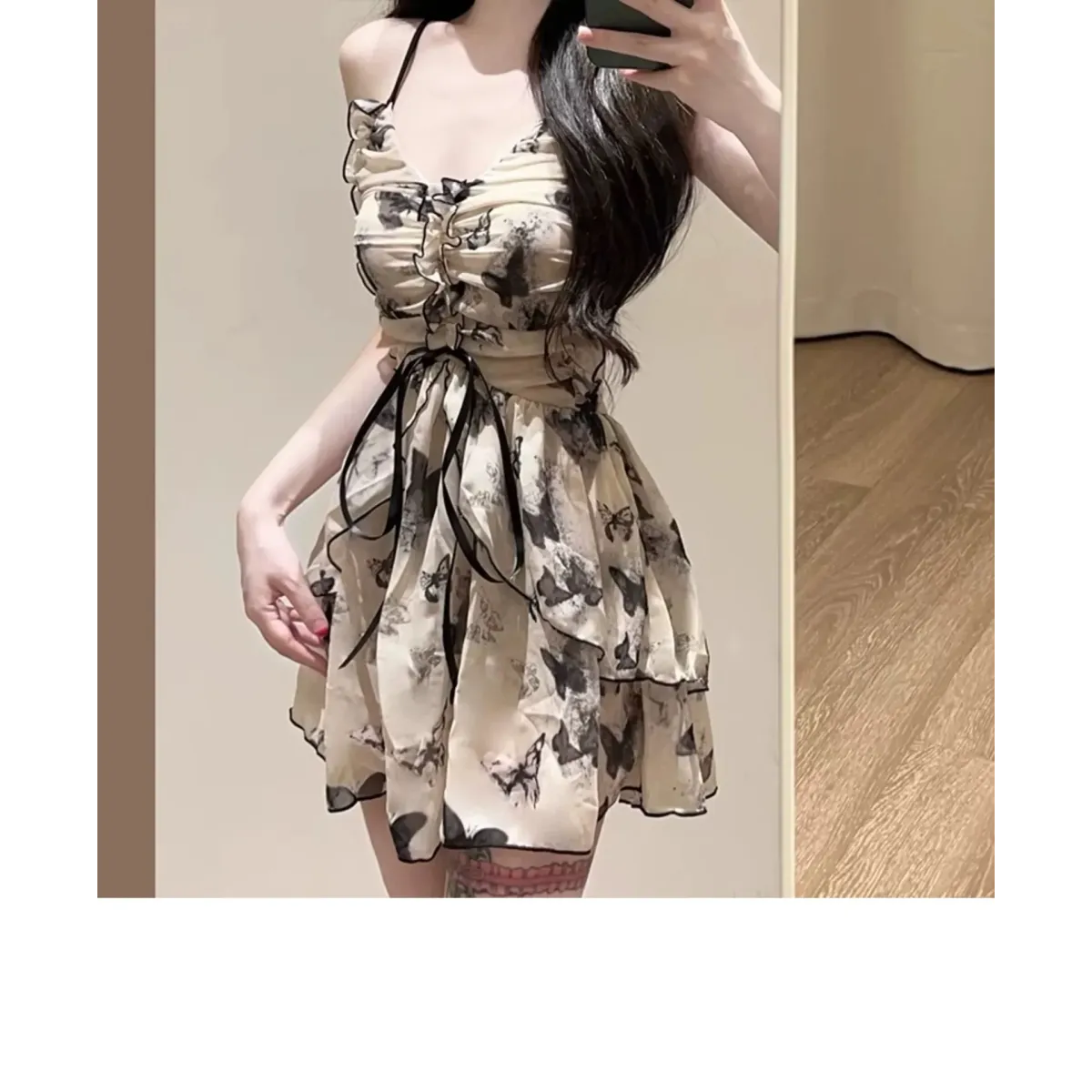 Traje de baño de una pieza con estampado de mariposas – Estilo vestido mini con volantes vintage