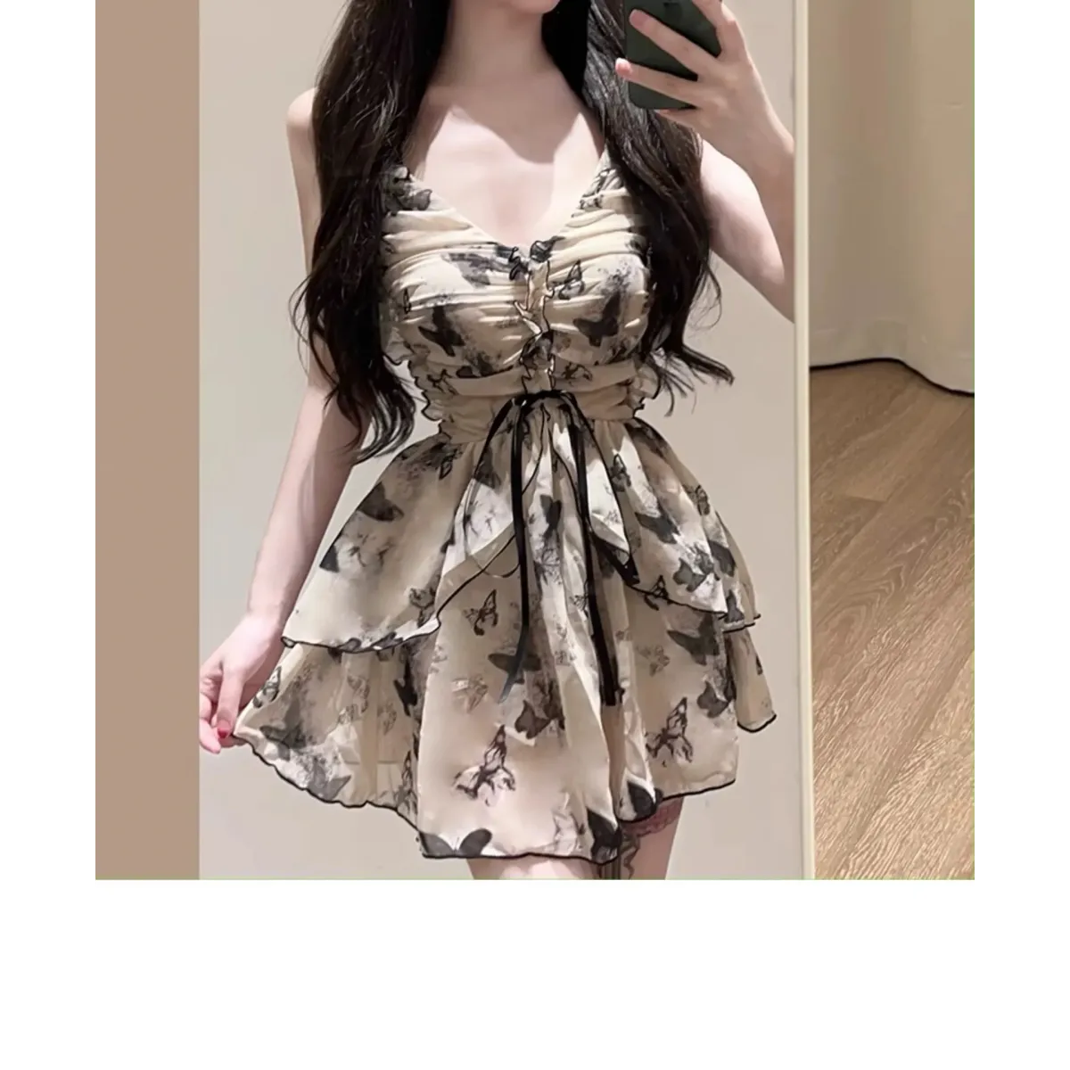 Traje de baño de una pieza con estampado de mariposas – Estilo vestido mini con volantes vintage