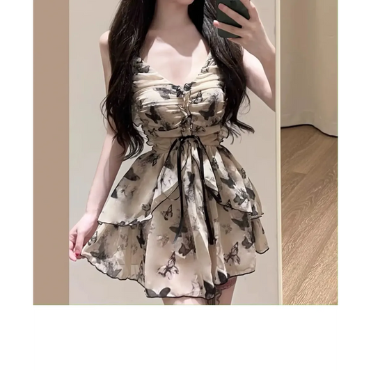Traje de baño de una pieza con estampado de mariposas – Estilo vestido mini con volantes vintage