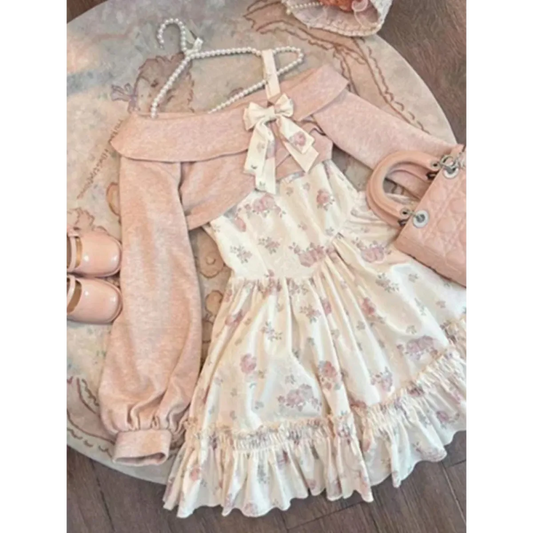Conjunto de top de pana con lazo Y2K y vestido floral – Corte entallado suave