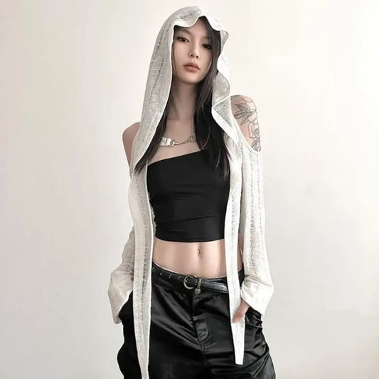 Sudadera Y2K Grunge Negra con Huecos – Camiseta de Manga Larga Ajustada