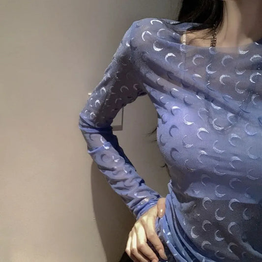Camiseta de manga larga ajustada Y2K Grunge con diseño de luna