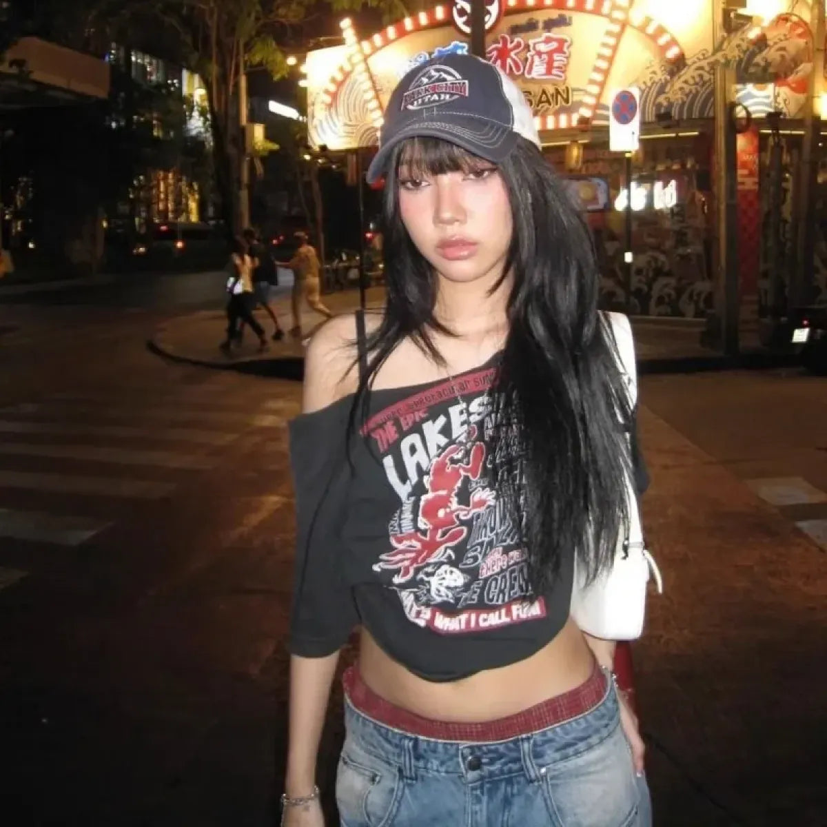 Camiseta negra con hombros descubiertos – Crop top grunge punk harajuku Y2K