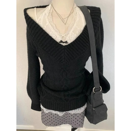 Jersey con cuello en V de corte ajustado – Suéter de punto Y2K con ribete de encaje