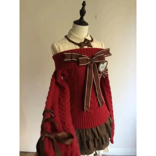 Conjunto de suéter con lazo al hombro y falda fruncida Y2K – Tejido de otoño